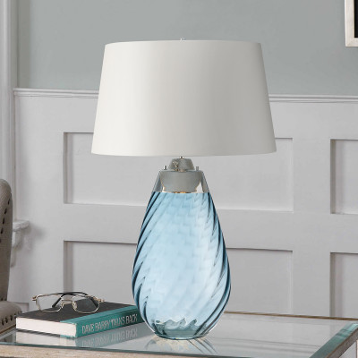 Large Lena Table Lamp Blue with Off White Satin Shade