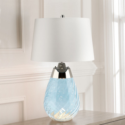 Small Lena Table Lamp Blue with Off White Satin Shade
