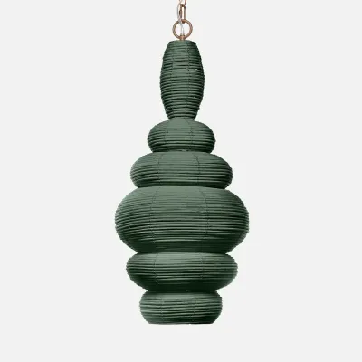 Francesca Hunter Green/Antiqued Gold Rattan/Metal Pendant Lamp 14"D x 29"H