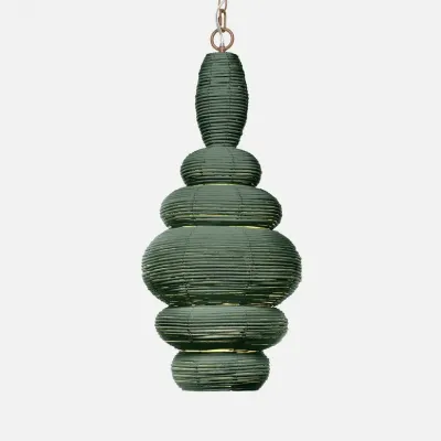 Francesca Hunter Green/Antiqued Gold Rattan/Metal Pendant Lamp 14"D x 29"H