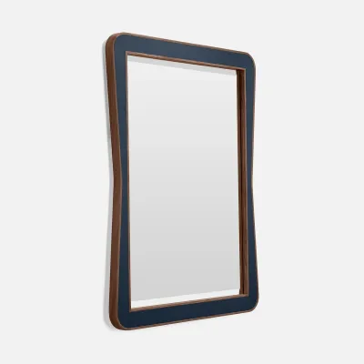 Kennedy Navy/Walnut Vintage Faux Shagreen/Veneer Rectangular Mirror 30"W x 40"H