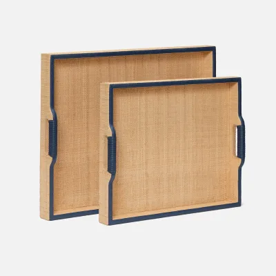 Hammet Natural/Navy Raffia/Full Grain Leather Tray XL Sq Set of Two