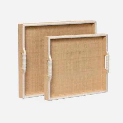 Hammet Natural/White Raffia/Full Grain Leather Tray XL Sq Set of Two