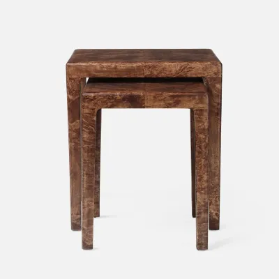 Alessio Dark Honey Mappa Burl Nesting Tables 17"L x 17"W x 21"H 22"L x 18"W x 24"H Set of Two