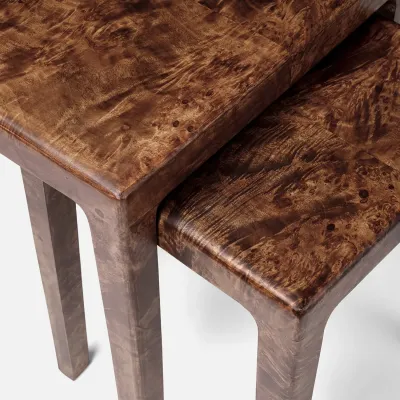 Alessio Dark Honey Mappa Burl Nesting Tables 17"L x 17"W x 21"H 22"L x 18"W x 24"H Set of Two