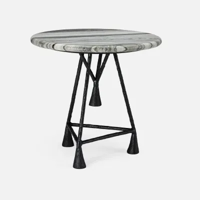 Sonny Dark Veined/Flat Black White Marble/Textured Aluminum Side Table 24"D x 22"H