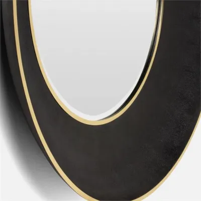 Armond Round Black Brass Realistic Faux Shagreen Metal Mirror