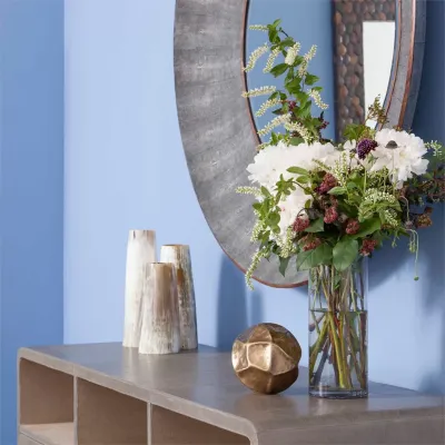 Armond Cool Gray Walnut Realistic Faux Shagreen Veneer Round Mirror