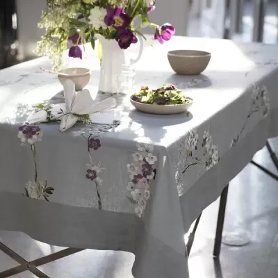 Positano Gray with Floral Pattern Tablecloth 90 in Round