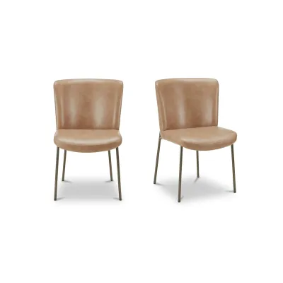 Early Tan Leather Dining Chair Set of Two