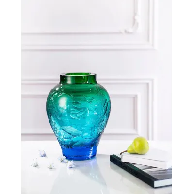 Lirio Underlaid Vase Aquamarine Green Lead-Free Crystal, Cut, Engraving Lake World 33 cm