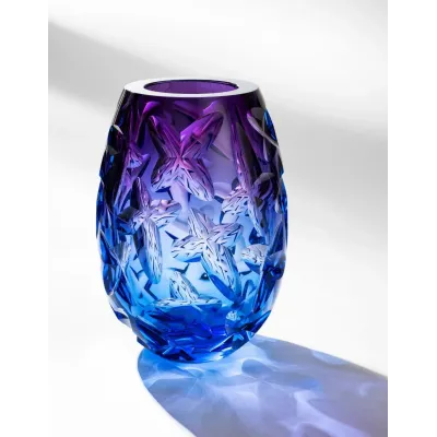 Clouds Underlaid Vase Aquamarine Rose Lead-Free Crystal, Cut Grooves 30 cm