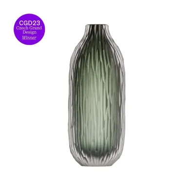 Pinea Smoke Green Lead-Free Crystal, Cut Vertical Grooves Underlaid Vase