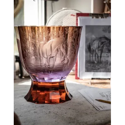 Paso Doble Underlaid Vase Combination Of Colors Lead-Free Crystal, Cut, Bonded Parts, Engraved Horses 27 cm