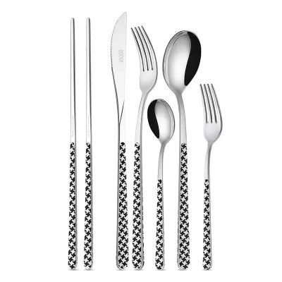 Houndstooth Black Asian 2 Pairs Chopsticks In Gift Box