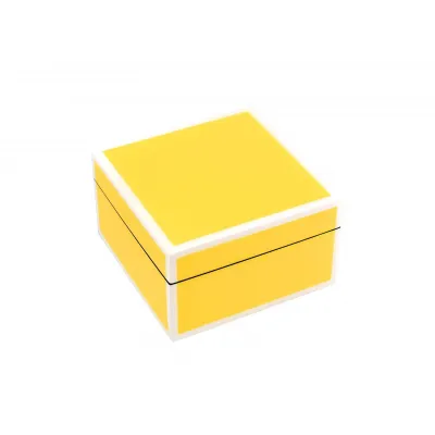 Lacquer Sunshine Yellow/White Trim Square Box 5" x 5" x 3"H