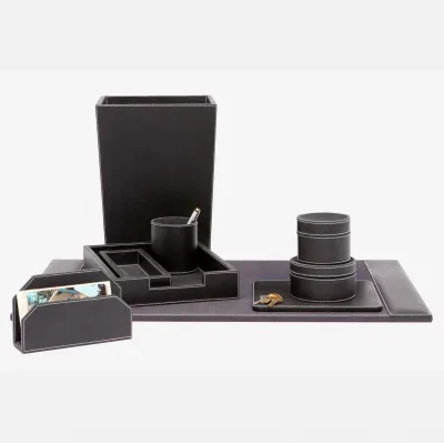 Larne Black Desk Set: Letter Tray Envelope Holder Pencil Tray And Pencil Holder Full-Grain Leat