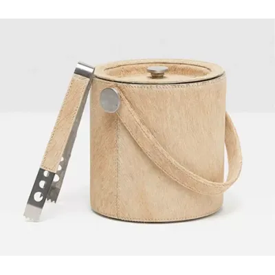Browmley Beige Ice Bucket W/ Tongs Round Hair-On-Hide