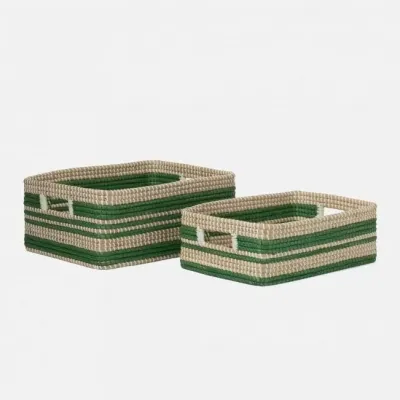Arley Green/Natural Basket Small 16"L x 11.5"W x 5.5"H, Large 18"L x 14"W x 7.5"H Seagrass, Set of 2