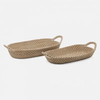 Kendari White/Natural Basket Oval: 28.5"L x 15"W x 6"H, 25.5"L x 12.5"W x 5"H, Set of 2