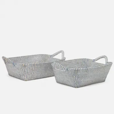 Roslyn Whitewashed/Navy Storage Baskets Seagrass, Set Of 2