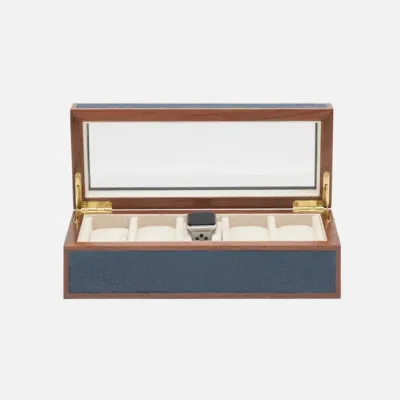 Elmbridge Navy/Walnut Watch Box 11.5"L x 4.5"W x 3.5"H Faux Shagreen/Glass