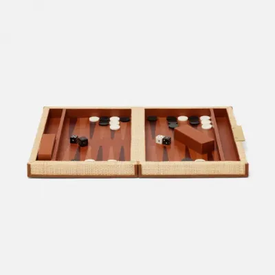 Hanford Natural/Saddle Backgammon Game Set Small Raffia/Leather