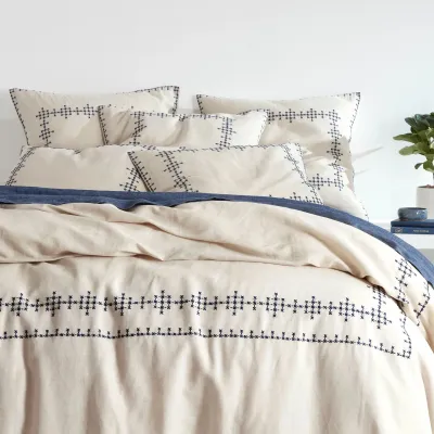 Cross-Stitch Linen Navy Full/Queen Duvet Cover 92" x 90"
