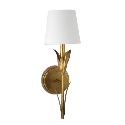 River Reed Sconce Single Antique Gold Leaf with Natural Linen Shade