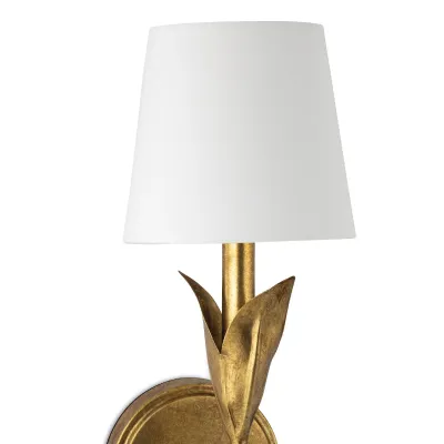 River Reed Sconce Single Antique Gold Leaf with Natural Linen Shade