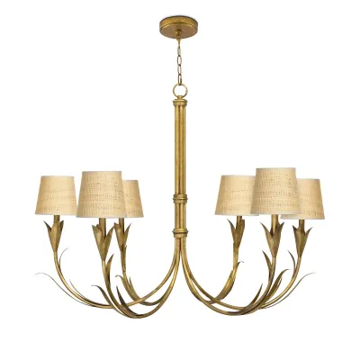 River Reed Chandelier Small Antique Gold Leaf with Rattan Shade