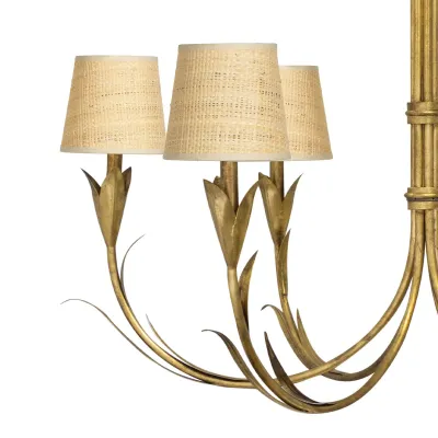 River Reed Chandelier Small Antique Gold Leaf with Rattan Shade