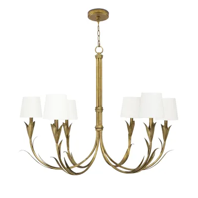 River Reed Chandelier Small Antique Gold Leaf with Natural Linen Shade