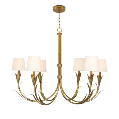 River Reed Chandelier Small Antique Gold Leaf with Natural Linen Shade