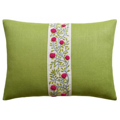 Ashoka Slubby Linen Lime Ashoka Magenta and leaf Tape Pillow