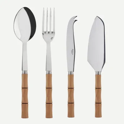 Bamboo Light Wood Set Of 4 Serving Pieces (Serving Spoon, Serving Fork, Cheese Knife Large, Pie/Tart Server)