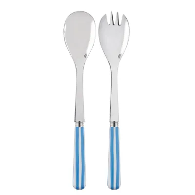 White Stripe Light Blue 2-Pc Salad Serving Set 10.25" (Fork, Spoon)