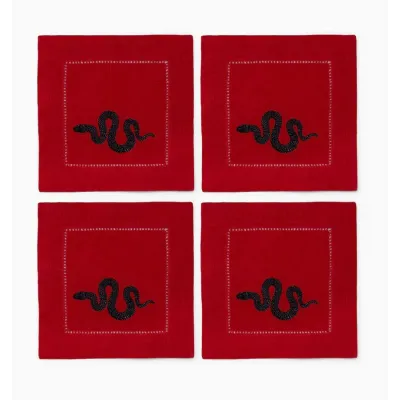 Lny2025 Set of 4 Snake Cocktail Napkin 6 x 6" Red/Black