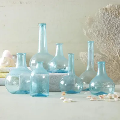 Aquamarine Blues Set of 7 Hand-Crafted Decorative Vintage Bottles Recycled Hand-Blown Glass