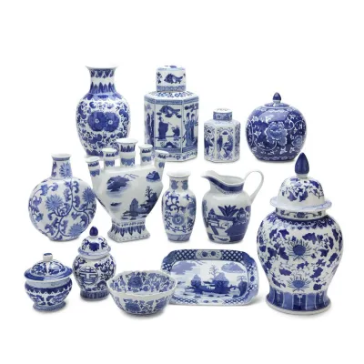 Canton Collection 22 Pc Unit Includes: 2 pcs of: Vases in 6 ½"/8", Jars in 6"/8"/9"/12", 8" Bowl, 9" Pitcher, 12" Fingers Vase and 1 pc of: Vases in 10"/12", 11" Plate, 17" Jar Ceramic