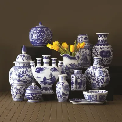 Canton Collection 22 Pc Unit Includes: 2 pcs of: Vases in 6 ½"/8", Jars in 6"/8"/9"/12", 8" Bowl, 9" Pitcher, 12" Fingers Vase and 1 pc of: Vases in 10"/12", 11" Plate, 17" Jar Ceramic