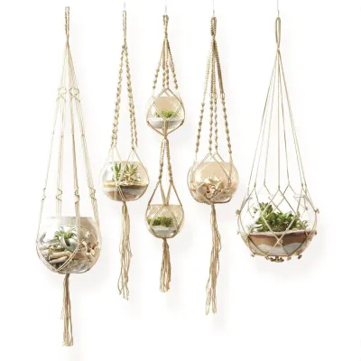Set of 5 Hand-Crafted Macrame Plant Hangers/Candleholders Includes Cotton Rope and Glass Bowl Cotton/Glass