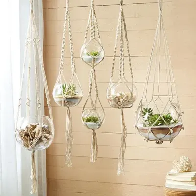 Set of 5 Hand-Crafted Macrame Plant Hangers/Candleholders Includes Cotton Rope and Glass Bowl Cotton/Glass