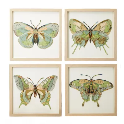 Papillion Set of 4 Butterfly Paper Collage Wall Art Paper/PS/Glass
