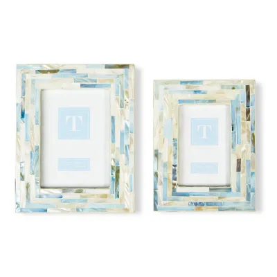 Shimmering Blues Set of 2 Blue and White Mother of Pearl Tile Photo Frames(4" x 6", 5" x 7") Mother of Pearl/Iron