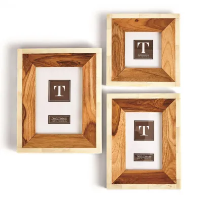 Framework Set of 3 Wood and Bone Photo Frames Includes 3 Sizes: 4" x 4", 4" x 6", 5" x 7" Teakwood/Bone