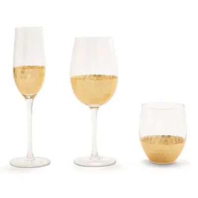 Gold Standard 24 Pc Faceted Drinking Glass Unit Includes 3 Styles: Champagne Flute, Stemless Glass, Wine Glass – Glass