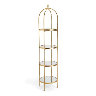 Golden Etagere with 4 Mirror Glass Shelves and Decorative Finial Iron/Glass