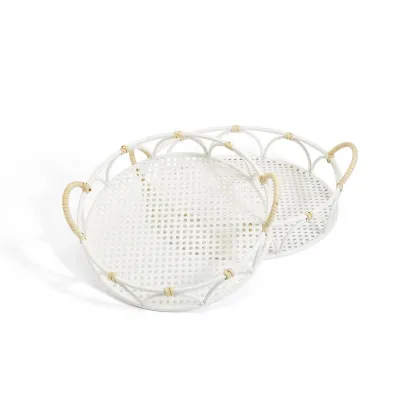 Set of 2 Cane Webbing Pattern Decorative Trays with Rattan Accent Iron/Rattan