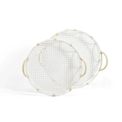 Set of 2 Cane Webbing Pattern Decorative Trays with Rattan Accent Iron/Rattan